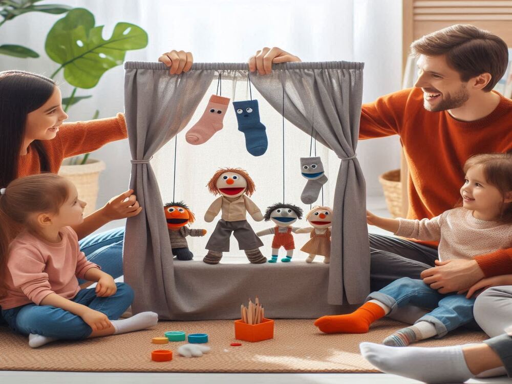 Uma cena de dia das crianças, apresentando um teatro de marionetes improvisado em casa, com uma pequena cortina e marionetes feitas de meias. Os pequenos devem estar sorrindo e se divertindo, enquanto os pais assistem e aplaudem. Tente adicionar elementos laranjas na cena.