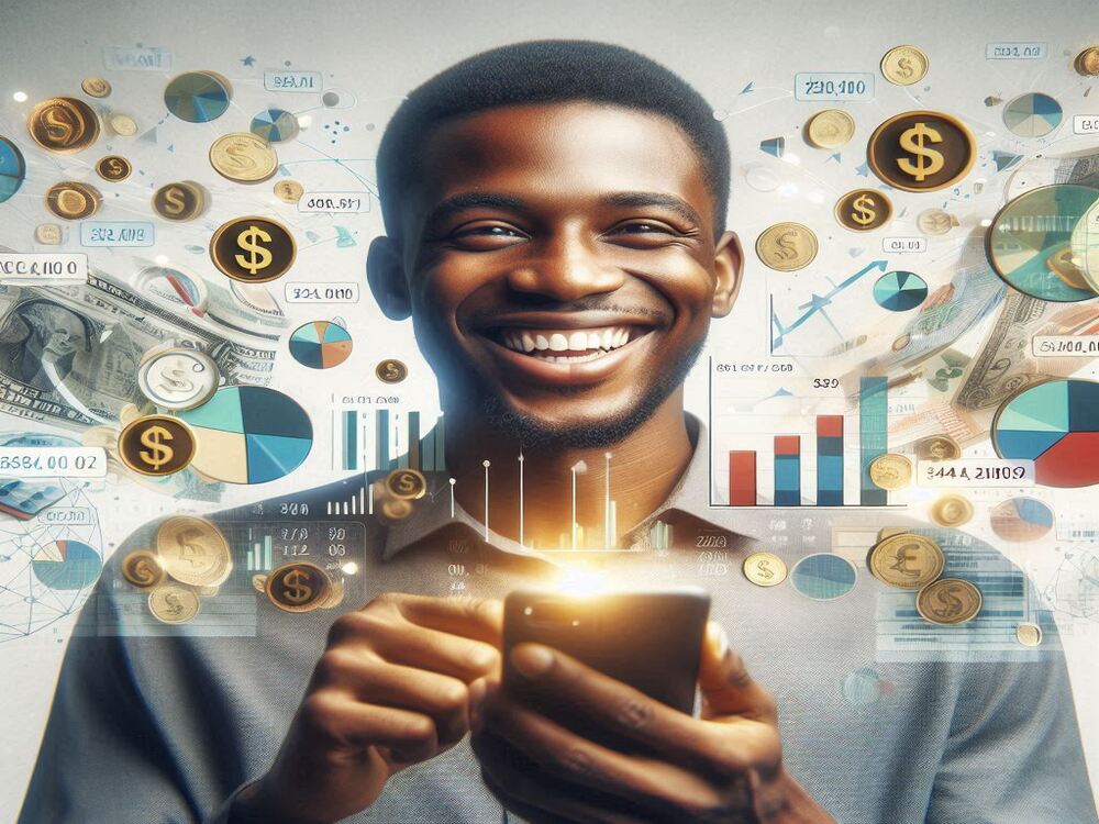 Homem negro bonito digitando no celular em um aplicativo de finanças, sai do celular diversas planilhas, moedas e gráficos.