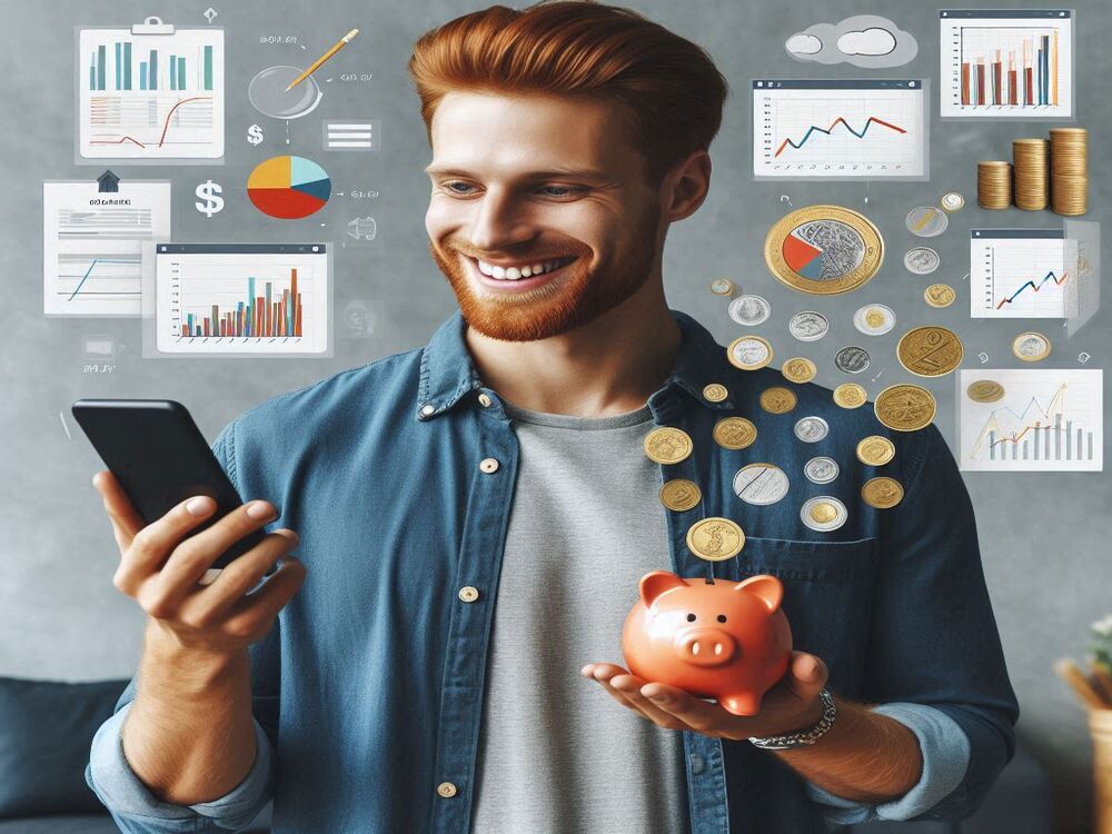 Homem ruivo bonito sorrindo olhando para o celular, do celular sai umas planilhas financeiras, gráficos de pizza, moedas e um porquinho laranja.