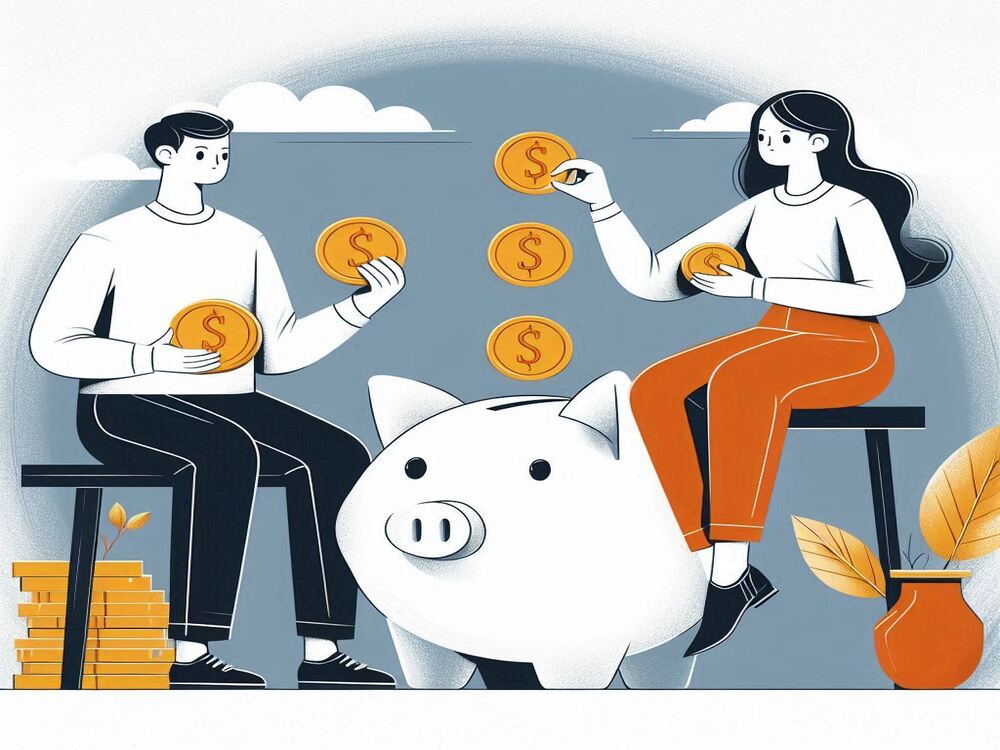 Decimo terceiro salario, uma ilustração de uma pessoa segurando uma moeda, outra pessoa sentada em um porquinho grande, use as cores branco, cinza, preto e laranja nos detalhes.